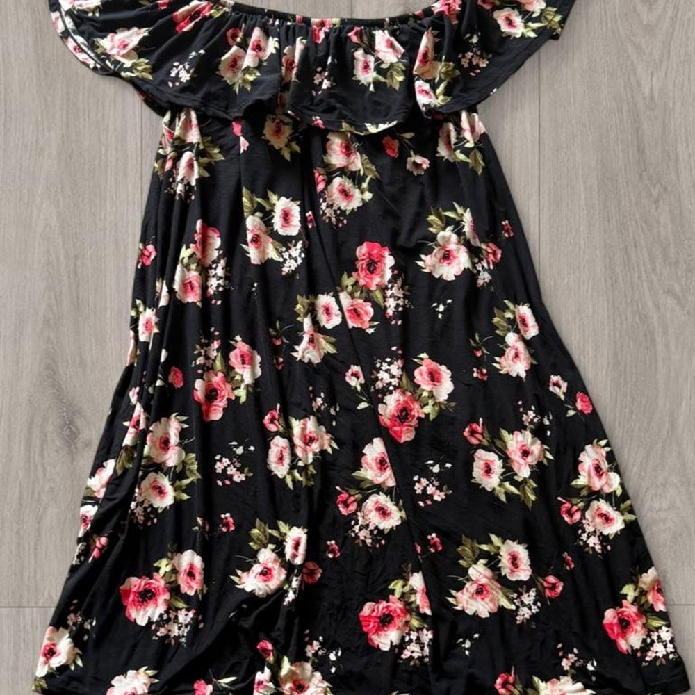 Candy 3X Black Floral Off Shoulder Ruffle Swing Dress Plus Size
